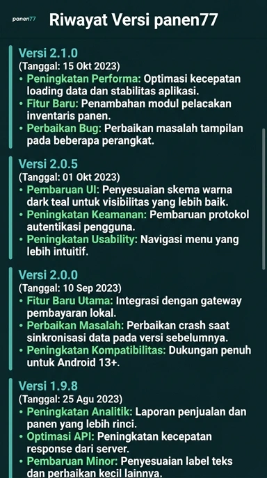 Tampilan riwayat versi panen77
